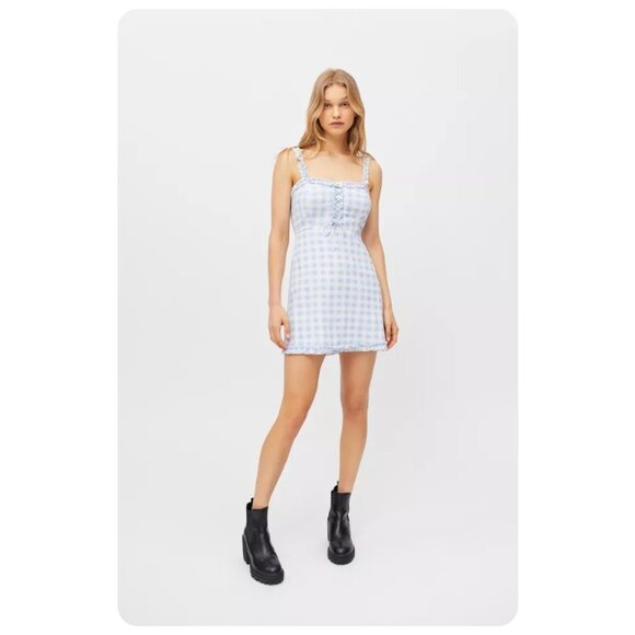 Urban Outfitters Blue Robin Lace-Up Gingham Sleeveless Mini Dress sz L - Picture 1 of 9